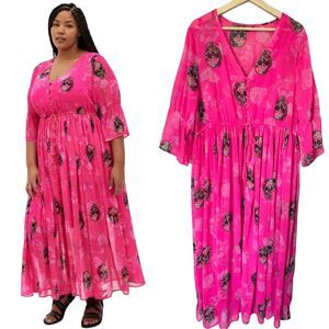 Torrid Hot Pink Skull Novelty Print Maxi Dress Sheer Womens Size 1 1X Plus Size